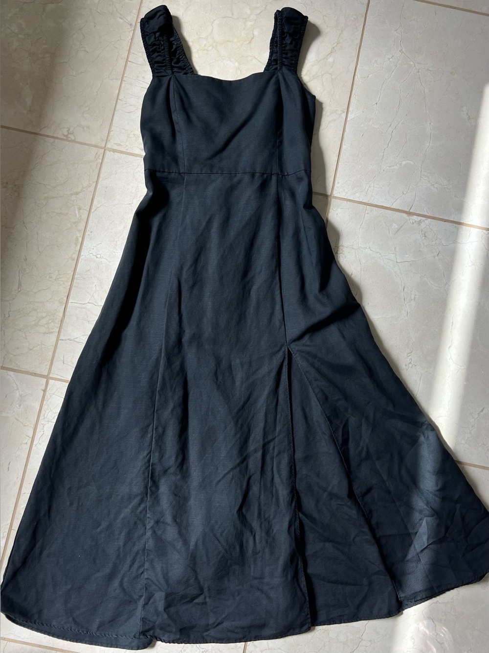 Zara Black Linen-Blend Maxi Dress Lace-Up Tie Back Square Neck Side Slit Medium - Picture 7 of 12